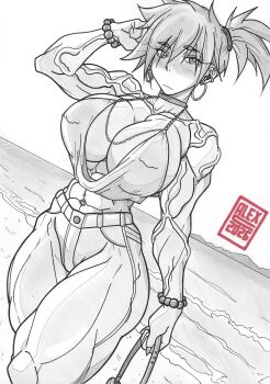 1girl abs alternate_muscle_size artalexc bag beach bead_bracelet bead_necklace beads biceps bikini blush bracelet breasts choker cleavage closed_mouth collarbone covered_erect_nipples dutch_angle ear_piercing earrings eyes_visible_through_hair fingernails handbag hatching_(texture) holding holding_bag hoop_earrings huge_breasts jewelry large_breasts looking_at_viewer misty_(pokemon) muscular muscular_female navel navel_piercing necklace nintendo obliques ocean outdoors pants pearl_bracelet piercing pokemon pokemon_(anime) pokemon_(classic_anime) pokemon_rgby ponytail side_ponytail solo swimsuit thick_thighs thighs traditional_media veins veiny_arms walking