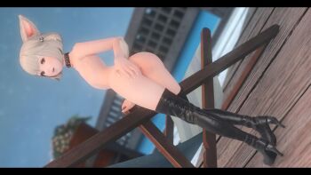 1girl 3d female_focus final_fantasy final_fantasy_xiv full_body highres khloe_aliapoh loli looking_at_viewer looking_back miqo&#039;te nude solo tagme