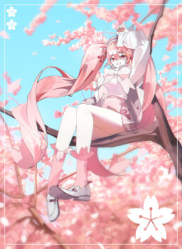 1girl branch cherry_blossoms cherry_hair_ornament food-themed_hair_ornament grey_hat hair_between_eyes hair_ornament haruhkr hat hatsune_miku highres long_hair long_sleeves official_alternate_costume official_alternate_hairstyle open_mouth pink_eyes pink_hair pink_skirt pink_socks sakura_miku sakura_miku_(rella) shirt shoes sitting sitting_on_branch skirt smile socks solo twintails very_long_hair vocaloid white_shirt white_shoes