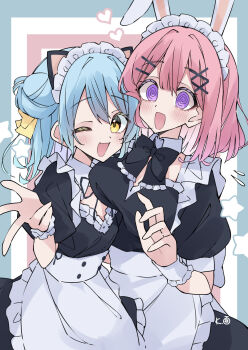 2girls :d ;d @_@ amaori_renako animal_ears apron black_bow black_bowtie black_dress black_ribbon blue_border blue_hair blush bob_cut border bow bowtie breast_on_breast breast_press breasts buttons cat_ears center-flap_bangs commentary_request detached_collar dot_nose double-breasted double-parted_bangs dress fake_animal_ears fang flustered flying_sweatdrops frilled_apron frilled_wrist_cuffs frills gyaru_w hair_bun hair_ornament hair_ribbon hairclip hand_up heart height_difference highres koyanagi_kaho large_breasts looking_at_viewer maid maid_apron maid_headdress medium_hair melon_kohashi multiple_girls neck_ribbon one_ear_down one_eye_closed open_mouth parallel_hairclips pink_hair puffy_short_sleeves puffy_sleeves purple_eyes rabbit_ears ribbon short_hair short_sleeves side_up_bun simple_background single_side_bun skin_fang small_breasts smile star_(symbol) upper_body w waist_apron watashi_ga_koibito_ni_nareru_wake_naijan_murimuri! white_apron white_wrist_cuffs wide-eyed wing_collar wrist_cuffs x_hair_ornament yellow_eyes yellow_ribbon