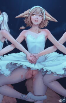 3girls animal_ears artist_name ballerina ballet ballet_slippers bare_arms bare_shoulders blonde_hair cleft_of_venus collarbone cowboy_shot dress female_focus grey_panties highres holding_hands khiara_(personal_ami) multiple_girls panties pantyhose parted_lips personal_ami pussy short_hair signature skinny standing tail torn_clothes torn_pantyhose tutu uncensored underwear upper_body