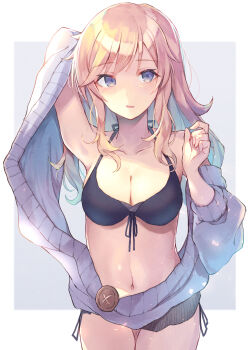 1girl bikini black_bikini blonde_hair blue_eyes breasts button front-tie_bikini_top front-tie_top highres idolmaster idolmaster_cinderella_girls kuzaki_luta large_breasts long_hair looking_to_the_side navel ohtsuki_yui panties side-tie_bikini_bottom side-tie_panties sweater swimsuit tagme underwear