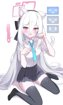 Rule 34 | 1girl, absurdres, animal ears, black bow, black hairband, black skirt, black thighhighs, blue archive, blue necktie, blush, bow, breasts, cat ears, cat tail, commentary, dot nose, embarrassed, hair between eyes, hair spread out, hairband, halo, highres, jogabi, kei (blue archive), kei (new body) (blue archive), kemonomimi mode, long hair, long hair between eyes, looking at viewer, loose necktie, necktie, partially unbuttoned, paw pose, paw print, peanut mouth, pink eyes, pink halo, pleated skirt, rectangular halo, ringed eyes, shirt, simple background, sitting, skirt, small breasts, solo, tail, thighhighs, very long hair, wariza, white background, white hair, white shirt, zettai ryouiki