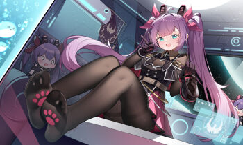 Rule 34 | 1girl, absurdres, ahoge, air conditioner, animal ears, aqua eyes, belt, black bodystocking, black gloves, black pantyhose, blush, bow, breasts, character doll, chibi, cleavage, commission, doll, dress, fake animal ears, feet, gloves, hair bow, hair ribbon, highres, holding, holding shoes, holding unworn clothes, hologram, indoors, legs, long hair, looking at viewer, no shoes, open mouth, original, pantyhose, paw print, paw print palms, paw print soles, purple hair, red skirt, ribbon, sacabambaspis, second-party source, see-breasts, see-through cleavage, see-through clothes, shoes, sitting, skirt, smile, soles, solo, spacecraft interior, stratagem (helldivers), thighband pantyhose, thighs, toes, twintails, unworn shoes, v, very long hair, wulala (vtuber), yesheng de lingchezi