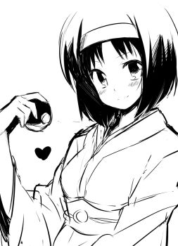 00s 1girl blush erika_(pokemon) female_focus greyscale gym_leader hairband heart holding holding_poke_ball monochrome nakamura_sandayo nintendo poke_ball poke_ball_(basic) pokemon pokemon_hgss simple_background smile solo white_background