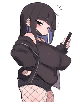 1girl bare_shoulders black_eyes blunt_bangs breasts commentary_request covered_erect_nipples covered_navel cowboy_shot fishnets hand_on_own_hip highres holding holding_phone huge_breasts jacket long_sleeves looking_to_the_side multicolored_hair off_shoulder original paid_reward_available phone plump purple_hair sa_ka_(sakanoya) short_shorts shorts sidelocks simple_background solo thick_thighs thighs two-tone_hair white_background