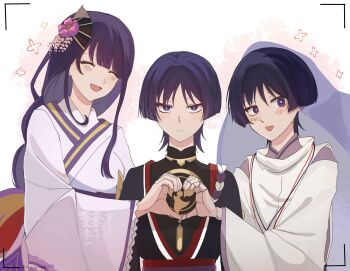 1girl 2boys arms_at_sides asymmetrical_sidelocks aunt_and_nephew black_kimono black_sleeves blunt_bangs blunt_ends blush braid breasts bright_pupils closed_eyes clothing_cutout commentary doll_joints dual_persona english_commentary eyelashes eyeliner eyeshadow facing_another family fan_hair_ornament flower frilled_sleeves frills genshin_impact gold hair_flower hair_ornament half-closed_eyes hand_up heart heart_hands heart_hands_duo highres japanese_clothes jewelry joints juban kariginu kimono long_hair looking_at_viewer low-braided_long_hair low-tied_long_hair makeup makoto_(genshin_impact) mandarin_collar medium_breasts mitsudomoe_(shape) multiple_boys neck_ring nee_madiiiii obi open_clothes open_kimono open_mouth pink_flower pink_kimono pink_sleeves purple_eyes purple_hair purple_rope purple_veil red_eyeliner red_eyeshadow red_kimono rope sash scaramouche_(genshin_impact) scaramouche_(kabukimono)_(genshin_impact) see-through_clothes see-through_veil shimenawa shoulder_cutout sidelocks single_sode string tomoe_(symbol) tsurime twitter_username veil viewfinder white_background white_kimono white_mouth white_pupils white_rope white_sleeves wide_sleeves wispy_bangs