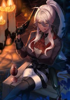 Rule 34 | 1girl, alcohol, black gloves, blue eyes, boots, bottle, breasts, candle, chandelier, crate, cup, drinking glass, general geega, gloves, grey hair, grey shirt, gun, heterochromia, highres, indie virtual youtuber, jacket, large breasts, ni kumo tsuku ni, pants, pointy ears, ponytail, red eyes, red wine, shirt, sitting, thigh boots, virtual youtuber, weapon, wine, wine bottle, wine glass