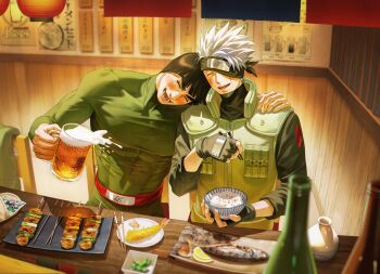 2boys absurdres arm_around_shoulder beer_mug belt black_gloves black_hair black_headband black_shirt blunt_bangs blush bodysuit bottle bowl bowl_cut chopsticks closed_eyes covered_abs cup drinking drinking_glass drunk eating edamame fingerless_gloves fish flak_jacket food fruit gloves green_bodysuit green_vest grey_hair hatake_kakashi headband headband_over_one_eye highres holding holding_bowl holding_chopsticks holding_cup jacket konohagakure_shinobi_uniform konohagakure_symbol lantern laughing lemon lemon_slice m0_mo_momo male_focus might_guy mug multiple_boys muscular muscular_male naruto_(series) open_mouth photo_(object) red_belt restaurant sake_bottle scar scar_on_face shirt shish_kebab short_hair shrimp smile spiked_hair spilling thick_eyebrows upper_body vest yaoi