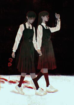 Rule 34 | 2girls, absurdres, black dress, black hair, black ribbon, black socks, blood, bloody footprints, chainsaw man, collared shirt, dog tags, domiiomii, dress, flower, fourth east high school uniform, grabbing another's hand, highres, holding, holding flower, long hair, long sleeves, mitaka asa, multiple girls, neck ribbon, pinafore dress, red flower, ribbon, scar, scar on face, scar on nose, school uniform, shirt, sleeveless, sleeveless dress, socks, white shirt, yoru (chainsaw man)