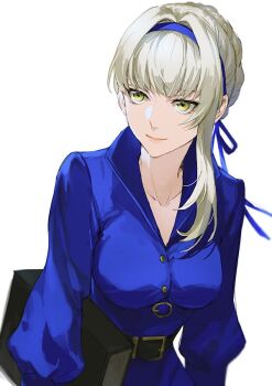 1girl belt black_belt blue_dress blue_ribbon book breasts collarbone commentary dress hair_ribbon holding holding_book isa_(peien516) merope_(p5x) persona persona_5 persona_5:_the_phantom_x ribbon simple_background solo white_background white_hair yellow_eyes
