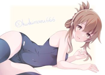 1girl black_thighhighs blue_one-piece_swimsuit breasts brown_eyes brown_hair covered_navel folded_ponytail inazuma_(kancolle) kantai_collection kukimaru long_hair lying old_school_swimsuit on_side one-piece_swimsuit school_swimsuit small_breasts solo swimsuit thighhighs twitter_username white_backgroundssimple_background