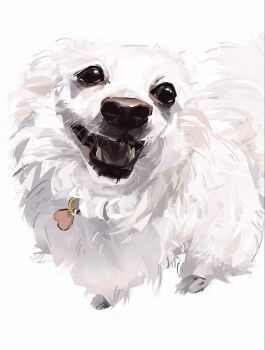 animal animal_focus black_eyes commentary dog english_commentary highres junbuug no_humans open_mouth original realistic simple_background smile solo white_background white_dog