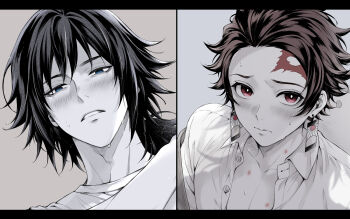 2boys bite_mark black_hair blue_eyes blush brown_hair chinese_commentary closed_mouth collarbone collared_shirt commentary_request dress_shirt earrings grey_background hanafuda_earrings hickey highres jewelry jingkei0522 kamado_tanjirou kimetsu_no_yaiba letterboxed long_hair looking_at_viewer low_ponytail male_focus monochrome multiple_boys open_clothes open_collar open_shirt parted_lips partially_unbuttoned pectoral_cleavage pectorals ponytail red_eyes scar scar_on_face scar_on_forehead shirt short_hair simple_background split_screen spot_color sweat tomioka_giyuu unbuttoned unbuttoned_shirt upper_body white_shirt yaoi