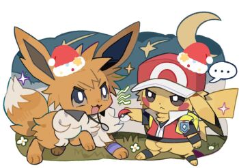 ... 2boys :< :3 :d ^^^ animalization backpack bag baseball_cap blue_oak clothed_pokemon crescent_moon dot_nose eevee eevee_ears eevee_tail flower fluffy full_body gen_1_pokemon grass hat holding holding_poke_ball jewelry kumarai520 moon multiple_boys necklace nintendo no_humans open_mouth pikachu pikachu_tail poke_ball poke_ball_(basic) pokemon pokemon_(creature) pokemon_focus pokemon_in_clothes pokemon_tail red_(pokemon) santa_hat shooting_star smile sparkle speech_bubble spoken_ellipsis sticker tail v-shaped_eyes wristband yellow_bag yellow_fur