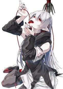 1girl absurdres arknights armband bare_shoulders black_jacket black_pantyhose black_shoes blood blood_on_face blood_on_hands braid buckle collar crown_braid detached_sleeves eating highres hood hood_down intravenous_drip jacket kuromu long_hair long_sleeves open_mouth pantyhose pointy_ears red_eyes shoes simple_background sitting skirt solo staff teeth tongue tongue_out upper_teeth_only vampire very_long_hair warfarin_(arknights) white_background white_hair white_skirt