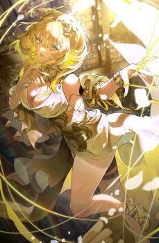 1girl absurdres aglaea_(honkai:_star_rail) blonde_hair bracelet breast_tattoo breasts cleavage commentary dress floating_hair fsuusux gold_tattoo green_eyes hand_up highres honkai:_star_rail honkai_(series) jewelry large_breasts laurel_crown medium_hair parted_lips sleeveless sleeveless_dress tattoo thighs white_dress