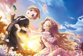 1boy 1girl :o ^_^ brown_hair buji closed_eyes cloud code_geass commentary_request curtained_hair dress falling_petals flower flower_wreath frilled_sleeves frills hair_ribbon holding long_hair long_sleeves nunnally_vi_britannia open_mouth outdoors petals pink_dress pink_ribbon purple_eyes ribbon rolo_lamperouge short_hair sidelighting sky smile standing sunset very_long_hair white_flower wide_sleeves yellow_petals