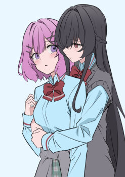 2girls amaori_renako black_hair blue_background blue_shirt bow bowtie braid closed_mouth clothes_around_waist collared_shirt commentary grey_sweater_vest half_up_braid hashtag-only_commentary hug hug_from_behind koto_satsuki medium_hair multiple_girls pink_hair purple_eyes red_bow red_bowtie red_eyes shirt simple_background suritaa_(7urxhmh5eqf5iub) sweater sweater_around_waist sweater_vest watashi_ga_koibito_ni_nareru_wake_naijan_murimuri! yuri