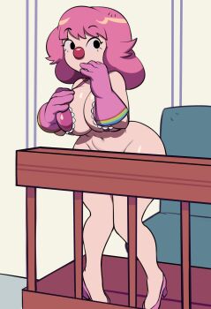 1girl absurdres ace_attorney bottomless breasts capcom cleavage clown_girl clown_nose convenient_censoring curvy female_focus full_body geiru_toneido gloves greyimpaction high_heels highres huge_breasts medium_hair phoenix_wright:_ace_attorney_-_spirit_of_justice pink_hair rainbow skindentation solo suspenders thick_thighs thighs wide_hips