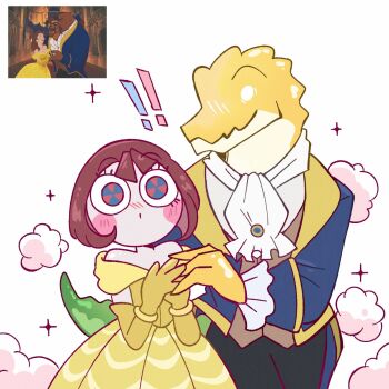 2boys 2girls artist_request beast_(disney) beast_(disney)_(cosplay) beauty_and_the_beast_(disney) belle_(disney) belle_(disney)_(cosplay) blush cosplay disney disney_princess dress formal_clothes gummigoo highres multicolored_eyes multiple_boys multiple_girls off_shoulder pomni_(the_amazing_digital_circus) suit the_amazing_digital_circus two-tone_eyes yellow_dress