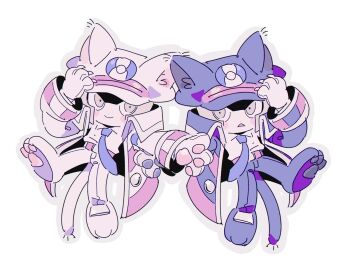 Rule 34 | 2boys, animal hands, black coat, black hat, black pants, brothers, chibi, chibi only, coat, commentary request, emmet (pokemon), full body, gloves, grey eyes, grey hair, hat, hat with ears, highres, ingo (pokemon), kari (user grrs8577), kemonomimi mode, male focus, multiple boys, necktie, nintendo, pants, paw gloves, pokemon, pokemon bw, shirt, siblings, simple background, smile, triangle mouth, twins, white background, white coat, white hat, white pants, white shirt