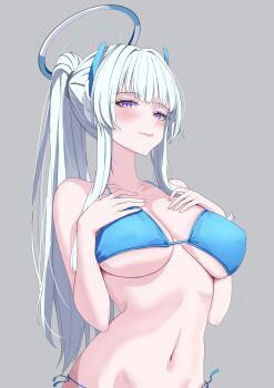 1girl absurdres bare_shoulders bikini black_bikini blue_archive blush breasts cleavage commentary english_commentary grey_background halo headset highres large_breasts looking_at_viewer navel noa_(blue_archive) ponytail purple_eyes shiraitoart983 side-tie_bikini_bottom simple_background smile solo swimsuit upper_body white_hair