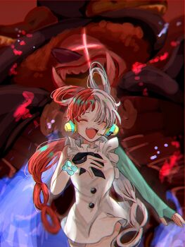 1girl ^_^ absurdres black_bow black_bowtie blue_gloves blush bow bowtie bracelet closed_eyes dress elbow_gloves gloves hair_over_one_eye headset highres jewelry one_piece one_piece_film:_red open_mouth red_hair short_dress single_elbow_glove tot_musica twintails u_mi031 uta_(one_piece) white_dress white_hair