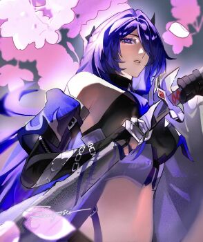 Rule 34 | 1girl, acheron (honkai: star rail), buckle, chain, choker, crop top, detached sleeves, flame print, flower, gloves, hair ornament, hair over one eye, highres, holding, holding sword, holding weapon, honkai: star rail, honkai (series), jacket, katana, long hair, midriff, open clothes, open jacket, parted lips, petals, pink flower, pink petals, purple eyes, purple hair, scabbard, shadow, sheath, single detached sleeve, snake print, strap, sunjosei, sword, unsheathing, very long hair, weapon