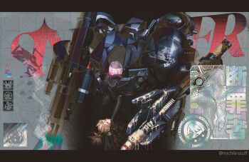 2girls absurdres ak-15_(girls'_frontline) artist_name blonde_hair commentary exoskeleton facial_mark forehead_mark girls'_frontline girls'_frontline_2:_exilium grey_background hair_over_one_eye highres igla_(girls'_frontline_2) long_hair michilinstuff multiple_girls neck_grab twitter_username voymastina_(girls'_frontline_2) white_hair