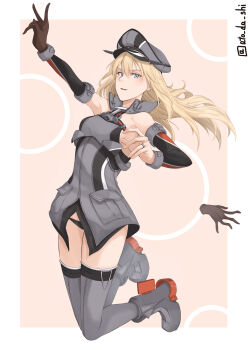 1girl absurdres anchor_choker atodashi bismarck_(kancolle) black_panties blonde_hair blue_eyes breasts brown_gloves detached_sleeves front_slit gloves grey_thighhighs hair_between_eyes hat highres jewelry kantai_collection long_hair medium_breasts military_hat military_uniform panties peaked_cap ring single_glove solo thighhighs underwear unworn_gloves wedding_ring