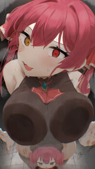1girl against_glass ascot black_shirt black_thighhighs blue_gemstone blush breast_press breasts breasts_on_glass chibi condensation dress embarrassed fang gem glass_writing hair_ribbon hand_on_glass heterochromia highres hololive houshou_marine large_breasts long_hair open_mouth orange_dress ponnu_(nikeytina) red_ascot red_eyes red_hair red_ribbon ribbon shirt skin_fang sleeveless sleeveless_shirt solo sweatdrop thighhighs thighs twintails virtual_youtuber