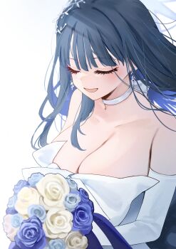 Rule 34 | 1girl, absurdres, black hair, blue archive, blue hair, blue halo, blush, breasts, choker, cleavage, closed eyes, colored inner hair, dantyou2525, dress, elbow gloves, gloves, halo, highres, large breasts, multicolored hair, open mouth, saori (blue archive), saori (dress) (blue archive), simple background, smile, solo, upper body, white background, white choker, white dress, white gloves