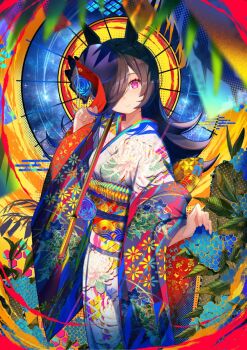 Rule 34 | 1girl, animal ears, blue flower, blue rose, blush, brown hair, floral print, flower, hair ornament, hair over one eye, hat, hat flower, highres, holding, holding umbrella, horse ears, horse girl, horse tail, japanese clothes, kimono, leaf, long hair, long sleeves, looking at viewer, one eye covered, print kimono, purple eyes, rice shower (umamusume), rose, sash, solo, tail, tilted headwear, umamusume, umbrella, wide sleeves, yomean!
