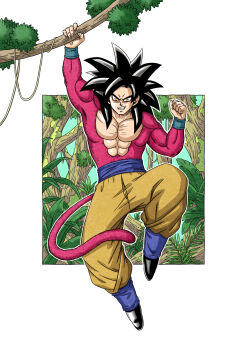 1boy black_hair blue_sash body_fur commentary_request dragon_ball dragon_ball_gt forest full_body highres male_focus mikidai7 monkey_tail muscular muscular_male nature outdoors pants parted_lips red_fur red_tail sash smirk solo son_goku spiked_hair super_saiyan super_saiyan_4 tail teeth topless_male tree yellow_eyes yellow_pants