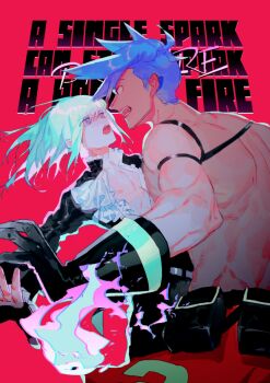 2boys ascot back blue_hair commentary_request emeth9215 fire galo_thymos gloves lio_fotia male_focus multiple_boys muscular muscular_male open_clothes open_mouth open_shirt pants promare red_pants rubber_gloves short_hair sideburns solo topless_male white_ascot