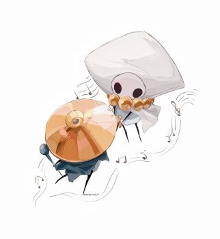 arthropod_boy cape capelet character_request chinese_commentary commentary_request face-to-face from_above from_behind full_body gender_request grey_cape hat highres hightguy holding hollow_eyes hollow_knight hollow_knight:_silksong looking_at_another musical_note no_mouth sherma_(hollow_knight) simple_background standing white_background white_capelet white_hat yellow_hat