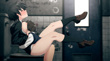 1boy 1girl age_difference black_hair black_legwear blouse blush bob_cut bottomless breasts breasts_out cleavage collared_shirt door hetero highres indoors kemuri_haku medium_breasts motion_blur nipples onee-shota open_clothes open_shirt original prostitution school_uniform sex shirt short_hair shota shotadom sitting socks spread_legs tagme white_shirt