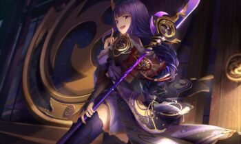 1girl absurdres armor asymmetrical_sleeves back_bow barrier_mao blunt_bangs bow braid bridal_gauntlets commentary dark_room electro_symbol_(genshin_impact) english_commentary engulfing_lightning_(genshin_impact) from_behind genshin_impact hair_ornament hand_up happy highres holding holding_polearm holding_weapon index_finger_raised japanese_clothes kimono light_particles lingerie long_braid looking_at_viewer looking_to_the_side mitsudomoe_(shape) mole mole_under_eye multicolored_hair off_shoulder open_mouth pink_hair polearm purple_eyes purple_hair purple_kimono purple_thighhighs raiden_shogun red_sash sash shade shoulder_armor single_braid smile solo standing streaked_hair sunlight teeth thighhighs thighs tomoe_(symbol) underwear uneven_sleeves upper_body upper_teeth_only weapon wide_sleeves