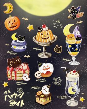 apple black_cat broom broom_riding cat cherry cookie crescent_moon food food_focus fruit halloween highres ice_cream ice_cream_float moon no_humans original pancake pudding pumpkin saku_sakuraba16 star_(symbol) strawberry_syrup