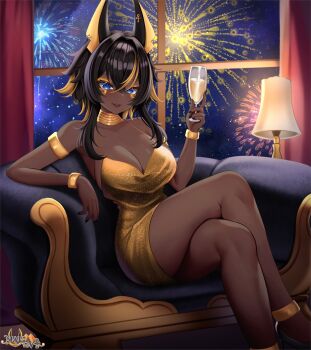 1girl aerial_fireworks animal_ears ankh armlet biyo_yoo black_hair black_nails black_shoes blonde_hair blue_eyes bracelet breasts character_logo cleavage crossed_legs cup curtains dark-skinned_female dark_skin dress earrings fireworks gold_armlet gold_bracelet gold_dress highres holding holding_cup indie_virtual_youtuber jackal_ears jackal_girl jewelry lamp multicolored_hair nalia_(vtuber) parted_lips second-party_source shoes sitting solo streaked_hair usekh_collar virtual_youtuber ych_commission