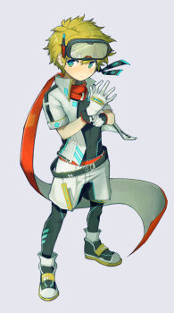 Rule 34 | 1boy, blonde hair, blue eyes, bouhuman, closed mouth, commentary request, commission, fantasy, gloves, goggles, goggles on head, hand up, highres, indie virtual youtuber, jacket, male focus, moelei, pants, red scarf, scarf, skeb commission, solo, standing, tight clothes, tight pants, virtual youtuber, white gloves, white jacket, white pants