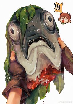 ! 1boy absurdres animal_focus bleeding blood bone brown_hair chibi chilchuck_tims chinese_commentary dungeon_meshi fingernails fish_head green_scarf halfling highres large_ears looking_at_viewer monster open_mouth out_of_frame pov pov_hands ruoliang scared scarf seaweed severed_head sharp_teeth short_hair simple_background spoken_exclamation_mark surprised sweatdrop teeth watermark weibo_watermark wet white_background