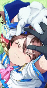 1girl animal_ears ascot asymmetrical_gloves black_gloves blush bow breasts brown_hair buttons cape closed_eyes closed_mouth commentary_request double-breasted epaulettes fang from_above gloves hair_between_eyes highres horse_ears horse_girl jacket long_hair long_sleeves looking_up mismatched_gloves multicolored_hair multicolored_jacket pink_ascot red_cape sheep_angle single_epaulette skin_fang skirt solo speech_bubble streaked_hair stretching tokai_teio_(peak_joy)_(umamusume) tokai_teio_(umamusume) two-tone_hair two-tone_jacket two-tone_skirt umamusume white_gloves white_hair white_jacket white_skirt