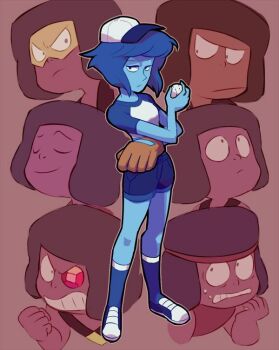 6+girls army_(steven_universe) baseball baseball_glove blue_eyes blue_hair blue_skin breasts closed_eyes closed_mouth colored_skin doc_(steven_universe) eyeball_(steven_universe) gem hat lapis_lazuli_(steven_universe) leggy_(steven_universe) looking_at_viewer midriff motohashi_mari multiple_girls navy_(steven_universe) ruby_(steven_universe) short_hair shorts simple_background steven_universe