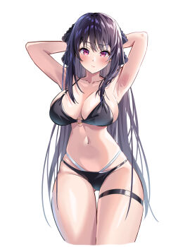 Rule 34 | 1girl, absurdres, ao no kanata no four rhythm, armpits, arms behind back, arms up, bare arms, bikini, black bikini, black hair, black ribbon, blush, breasts, cleavage, closed mouth, collarbone, cowboy shot, curvy, gluteal fold, hair between eyes, hair ribbon, highres, large breasts, layered bikini, long hair, looking at viewer, multi-strapped bikini bottom, multi-strapped bikini top, navel, presenting armpit, red eyes, ribbon, sidelocks, simple background, solo, standing, swimsuit, thigh strap, thighs, tobisawa misaki, uyufuzi s, very long hair, white background, wide hips
