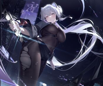 1girl absurdres animal_ear_headphones animal_ears artist_request axent_wear between_breasts black_bodysuit black_shorts blush bodysuit breasts cat_ear_headphones cat_ears commentary_request commission covered_navel fake_animal_ears floating_hair from_below glint grey_shrug hair_between_eyes head_tilt headphones highres holding holding_sword holding_weapon korean_commentary large_breasts light_particles long_hair looking_at_viewer night original outdoors parted_lips purple_eyes screen second-party_source short_shorts shorts shrug_(clothing) solo standing strap_between_breasts sword thighs three-quarter_sleeves torn_bodysuit torn_clothes underboob very_long_hair weapon white_hair yoi_(yakinasu)