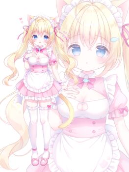 1girl alternate_costume animal_ear_fluff animal_ears apron bell blonde_hair blue_eyes blush bow bowtie breasts cat_ears cat_tail choker cleavage closed_mouth commentary_request commission dress enmaided frilled_apron frills full_body hair_between_eyes hair_bow hair_ornament heart high_heels highres jingle_bell large_breasts long_hair looking_at_viewer maid maid_apron maid_headdress mary_janes medium_breasts multiple_views open_mouth original puffy_short_sleeves puffy_sleeves red_bow ribbon shoes short_sleeves simple_background skeb_commission skirt smile standing tail thighhighs twintails usami_cocoa very_long_hair waist_apron white_apron white_background wrist_cuffs zettai_ryouiki