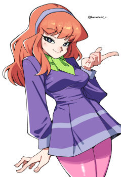 1girl absurdres artist_name breasts bright_pupils closed_mouth commentary cowboy_shot daphne_blake dress green_eyes highres index_finger_raised komatsuki_n long_hair long_sleeves looking_at_viewer medium_breasts orange_hair pants pink_pants purple_dress purple_hair scooby-doo simple_background smile solo twitter_username white_background white_pupils