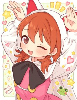 1girl :d animal_hood arms_up blush commentary devout earrings final_fantasy final_fantasy_iii heart hood jewelry notice_lines one_eye_closed onyhakase open_mouth rabbit_pose smile solo